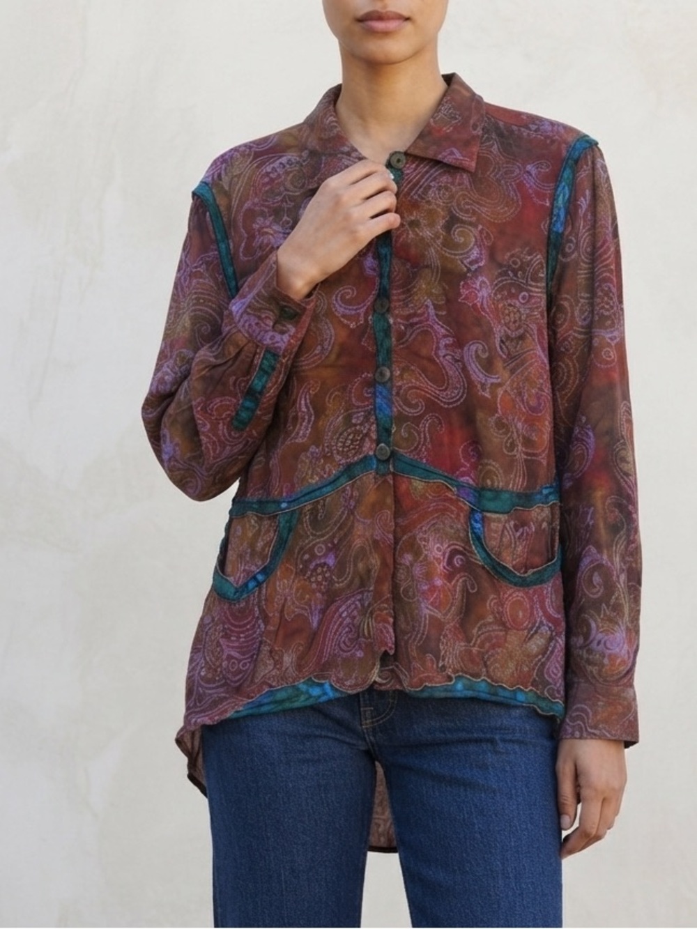 Vintage Handmade Paisley Button-Front Long Sleeve Shirt Top Size Large